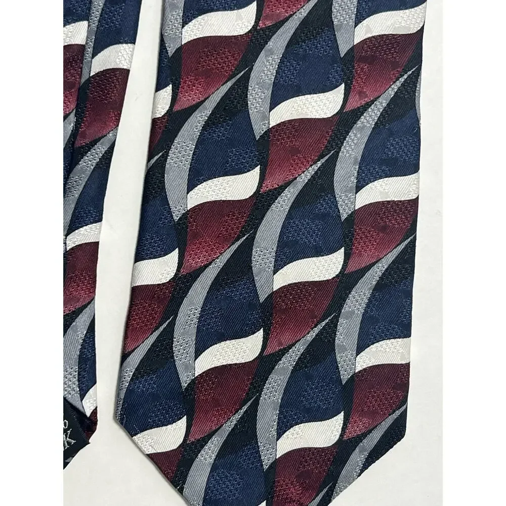 Oscar de la Renta Mens Silk Tie Navy Burgundy Silver White Abstract Wave Pattern